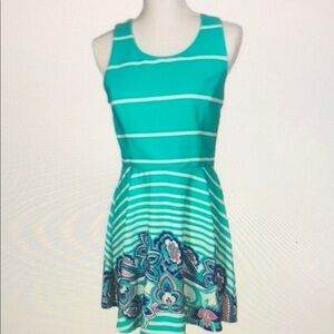 As U Wish Cut Out Skater Dress Mini Flare Stripe Floral White Teal Junior Large